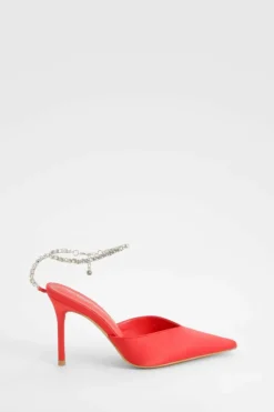 Heels*boohoo Diamante Strap Satin Pointed Court Shoes red