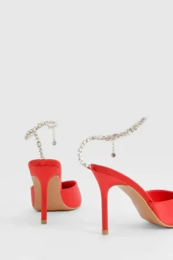 Heels*boohoo Diamante Strap Satin Pointed Court Shoes red