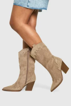 Cowboy Boots|All Boots*boohoo Diamante Studded Western Cowboy Boots taupe