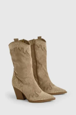 Cowboy Boots|All Boots*boohoo Diamante Studded Western Cowboy Boots taupe
