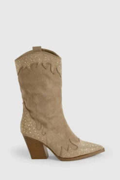 Cowboy Boots|All Boots*boohoo Diamante Studded Western Cowboy Boots taupe