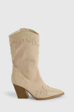Cowboy Boots|All Boots*boohoo Diamante Studded Western Cowboy Boots beige