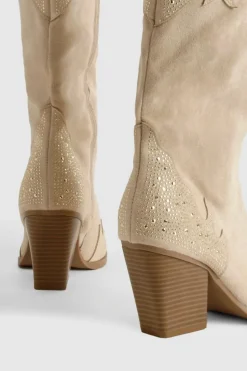 Cowboy Boots|All Boots*boohoo Diamante Studded Western Cowboy Boots beige