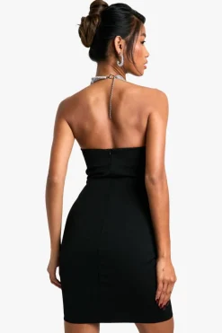 Bodycon Dresses*boohoo Diamante Trim Halterneck Mini Dress black