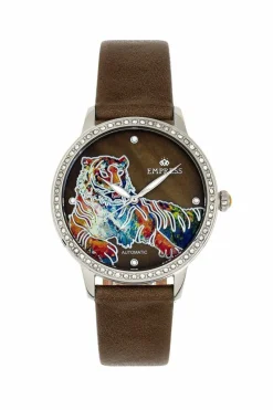 Watches*Empress Diana Automatic Engraved MOP Leather-Band Watch Olive