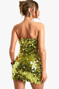 Skater Dresses*boohoo Disc Sequin Bandeau Skater Dress chartreuse
