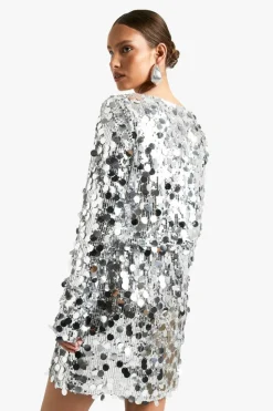 Mini Dresses|Long Sleeve Dresses*boohoo Disc Sequin Blouson Shift Dress silver