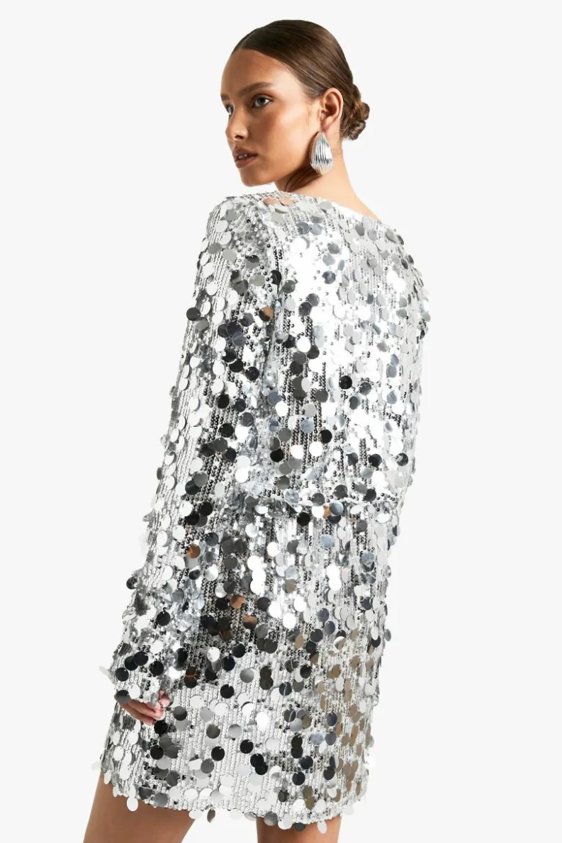 Mini Dresses|Long Sleeve Dresses*boohoo Disc Sequin Blouson Shift Dress silver