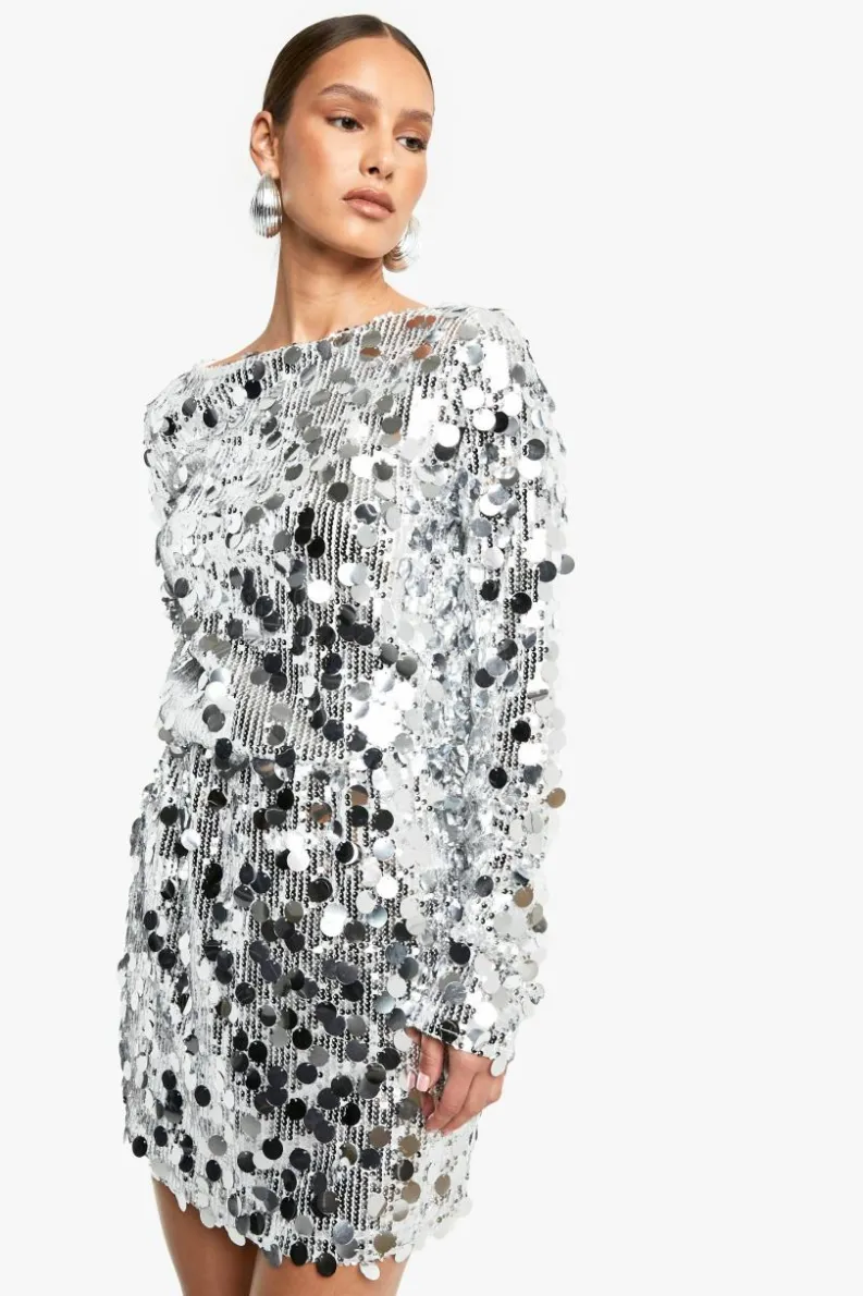 Mini Dresses|Long Sleeve Dresses*boohoo Disc Sequin Blouson Shift Dress silver