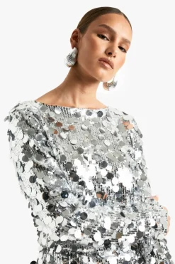Mini Dresses|Long Sleeve Dresses*boohoo Disc Sequin Blouson Shift Dress silver