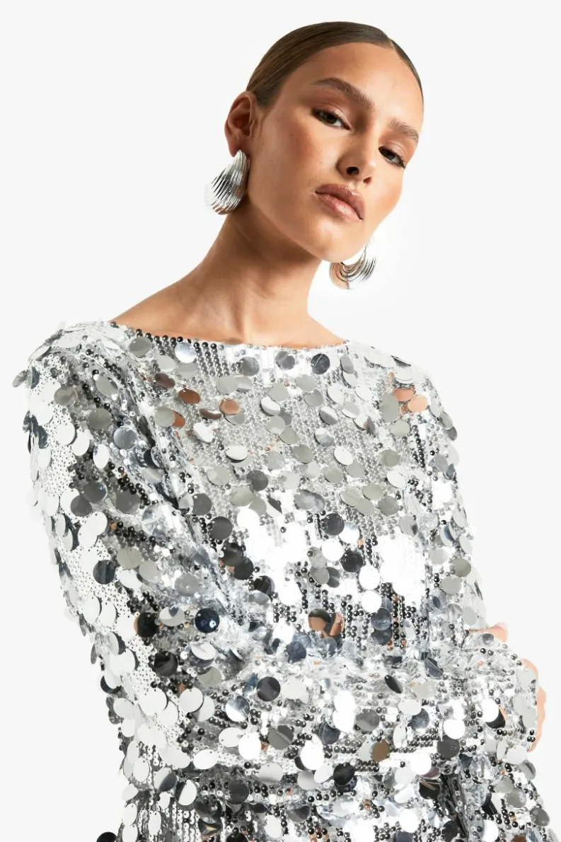 Mini Dresses|Long Sleeve Dresses*boohoo Disc Sequin Blouson Shift Dress silver
