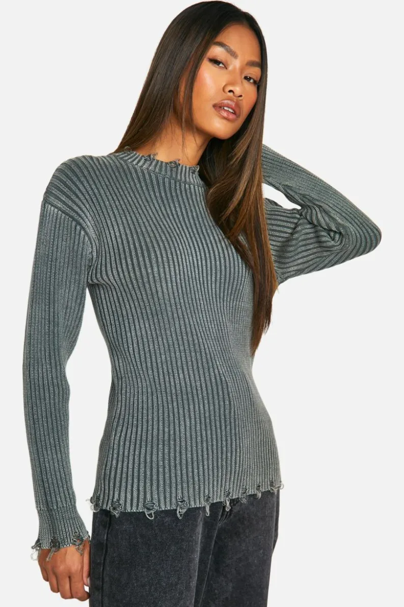 Jumpers*boohoo Distressed Hem Acid Wash Chunky Rib Jumper charcoal