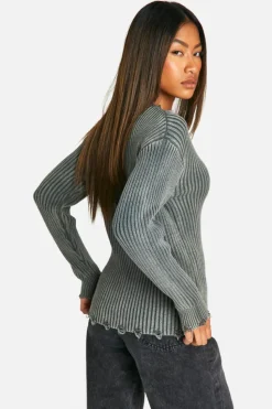 Jumpers*boohoo Distressed Hem Acid Wash Chunky Rib Jumper charcoal