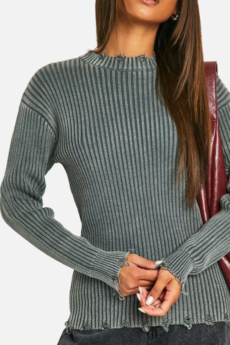 Jumpers*boohoo Distressed Hem Acid Wash Chunky Rib Jumper charcoal