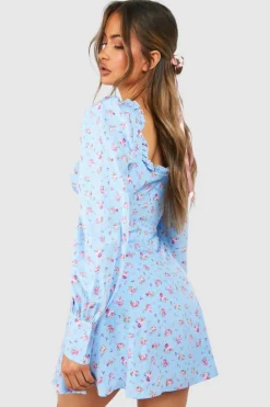 Skater Dresses*boohoo Ditsy Corset Milkmaid Mini Dress blue