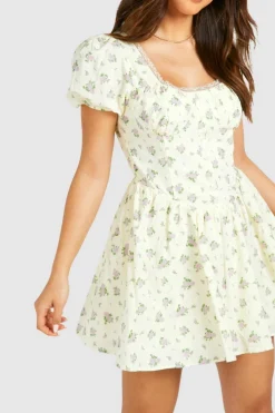 Skater Dresses*boohoo Ditsy Floral Puff Sleeve Milkmaid Mini Dress yellow