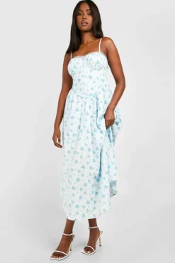 Skater Dresses|Maxi Dresses*boohoo Ditsy Floral Strappy Milkmaid Midaxi Dress blue