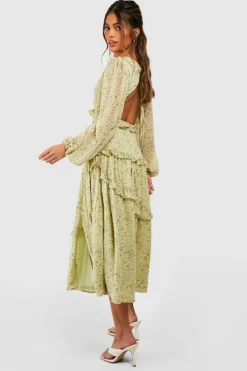 Midi Dresses*boohoo Ditsy Floral Waist Detail Midi Dress pale green