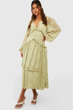 Midi Dresses*boohoo Ditsy Floral Waist Detail Midi Dress pale green