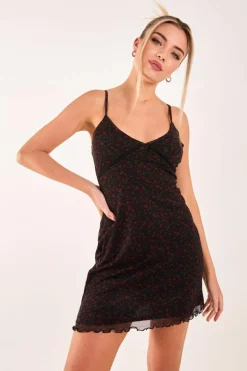 Cami Dresses*Pink Vanilla Ditsy Print Mesh Cami Dress Black