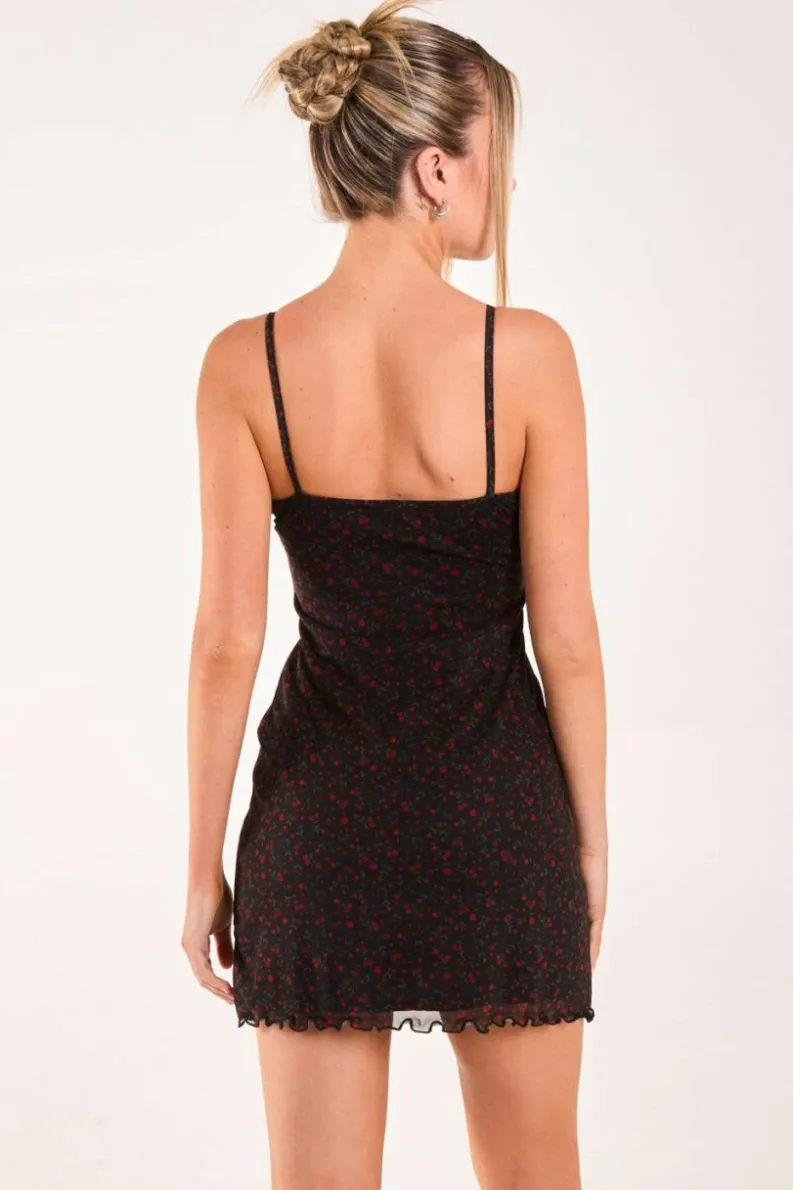 Cami Dresses*Pink Vanilla Ditsy Print Mesh Cami Dress Black