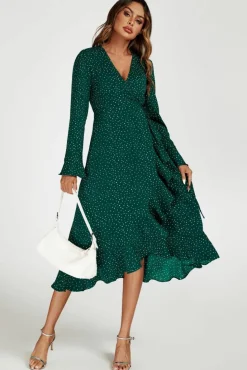 Wrap Dresses|Midi Dresses*FS Collection Dot Print Wave Front Frill Wrap Midi Dress In Green