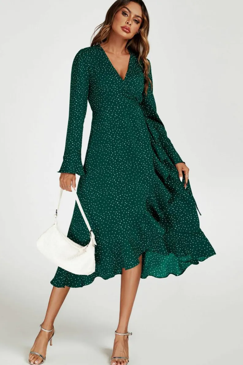 Wrap Dresses|Midi Dresses*FS Collection Dot Print Wave Front Frill Wrap Midi Dress In Green