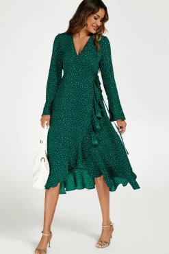 Wrap Dresses|Midi Dresses*FS Collection Dot Print Wave Front Frill Wrap Midi Dress In Green