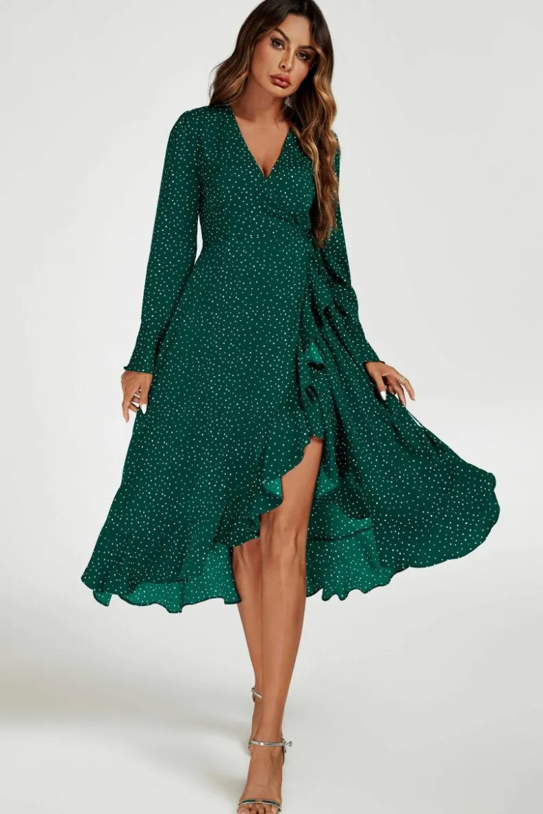 Wrap Dresses|Midi Dresses*FS Collection Dot Print Wave Front Frill Wrap Midi Dress In Green