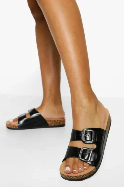 Flats|Sandals*boohoo Double Buckle Croc Footbed Slider black