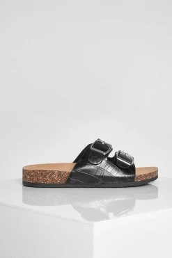 Flats|Sandals*boohoo Double Buckle Croc Footbed Slider black