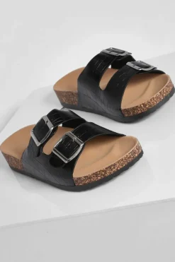 Flats|Sandals*boohoo Double Buckle Croc Footbed Slider black