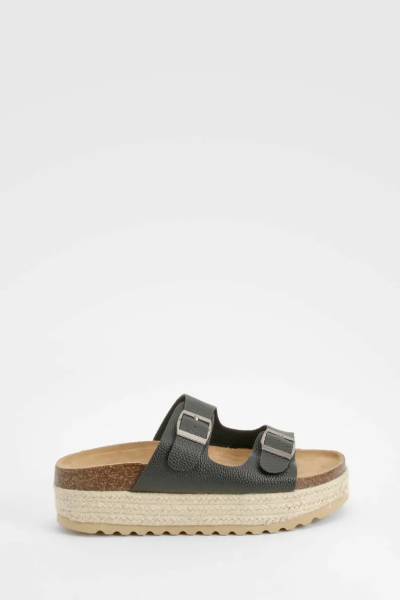 Sandals*boohoo Double Buckle Flatform Sandals black
