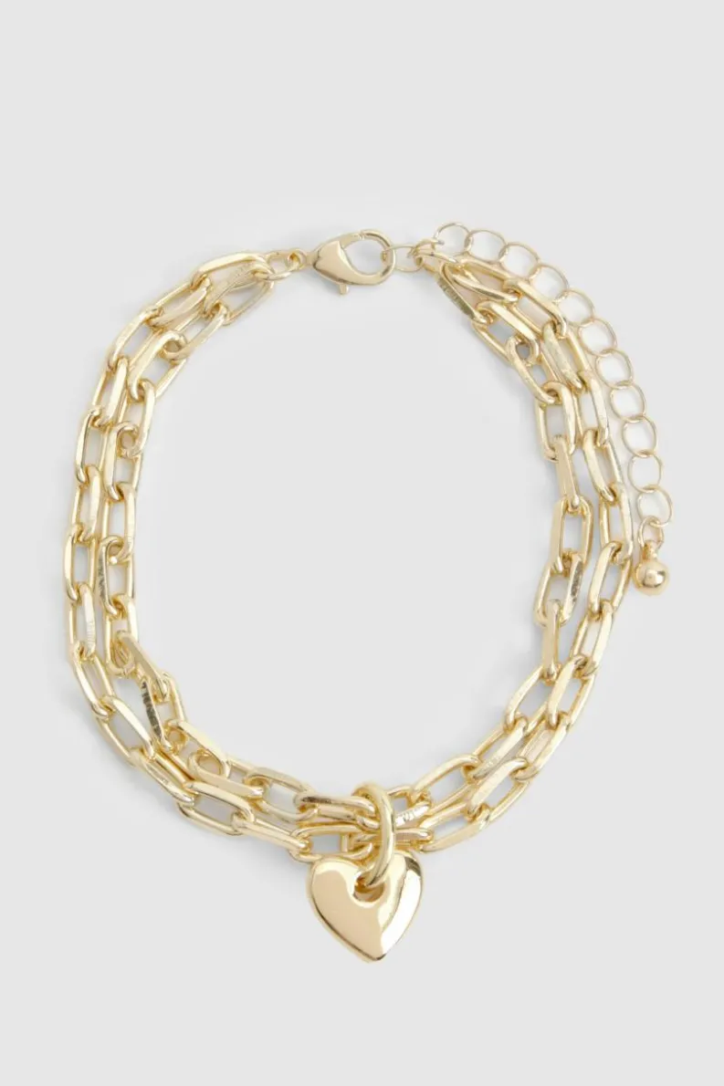 Bracelets*boohoo Double Chain Heart Pendant Bracelet gold