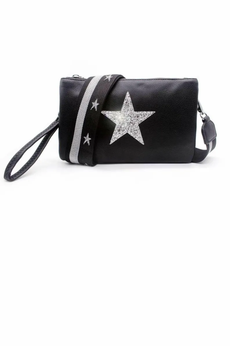 Cross-Body Bags|Handbags*Kitise Double Compartment Guitar Strap Shiny Glittered Star Small Messenger Crossbody Bag Black