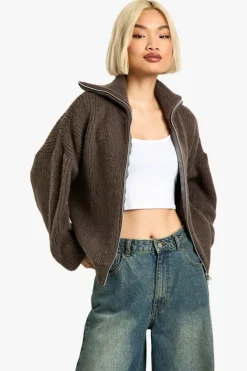 Cardigans|Jumpers & Cardigans*boohoo Double Ended Zip Up Brushed Knit Oversized Cardigan tobacco