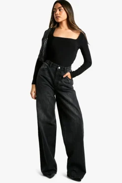 Long Sleeve Tops|Boohoo Basics*boohoo Double Layer Slinky Square Neck Long Sleeve Top black