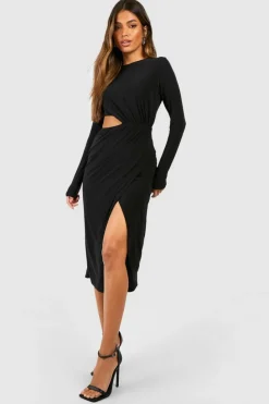 Midi Dresses*boohoo Double Slinky Cut Out Midi Dress black