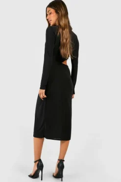 Midi Dresses*boohoo Double Slinky Cut Out Midi Dress black