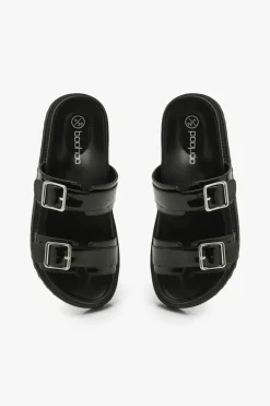 Sandals|Flats*boohoo Double Strap Chunky Footbed Sliders black