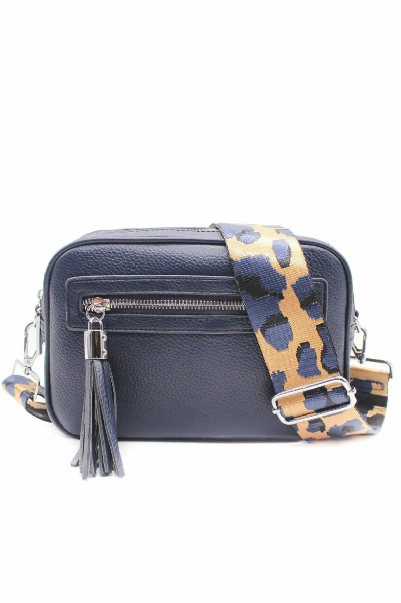 Cross-Body Bags*Kitise Double Zipper PU Leather Tassel Charm Wide Camo Strap Crossbody Bag Navy