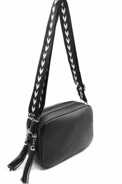 Cross-Body Bags*Kitise Double Zipper PU Leather Tassel Charm Canvas Strap Crossbody Bag Black