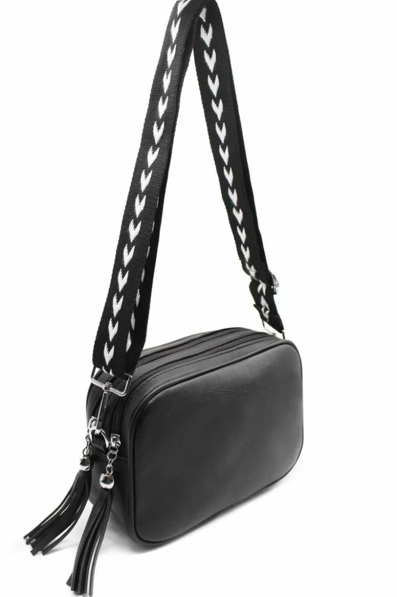 Cross-Body Bags*Kitise Double Zipper PU Leather Tassel Charm Canvas Strap Crossbody Bag Black