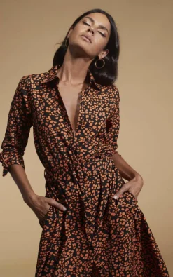 Shirt Dresses*Dancing Leopard Dove Leopard Print Maxi Shirt Dress Button Down 3/4 Sleeve Outfit Orange