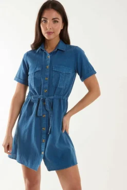 Shirt Dresses*Blue Vanilla Drawstring Waist Shirt Dress Mid Blue