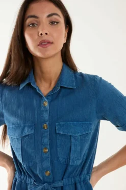 Shirt Dresses*Blue Vanilla Drawstring Waist Shirt Dress Mid Blue