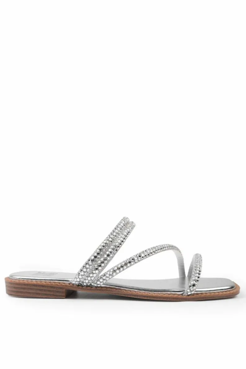 Sandals*Where's That From Dream' Extra Wide Strappy Flat Slider Sandals With Diamante Detail Silver
