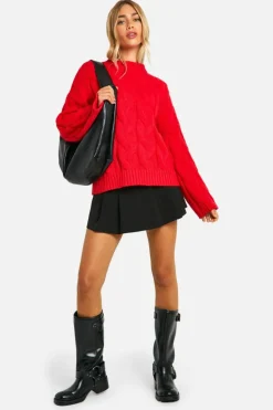 Oversized Jumpers*boohoo Drop Shoulder All Over Cable Oversized Jumper rich red