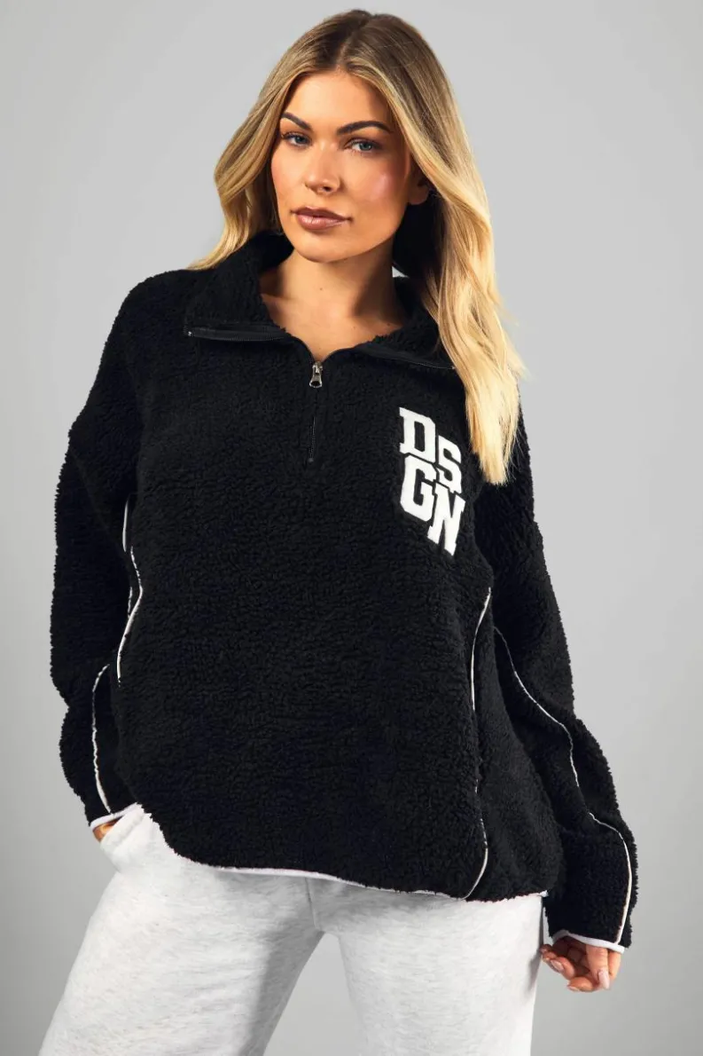 Sweatshirts|Dsgn Studio*boohoo Dsgn Applique Contrast Piping Borg Fleece black