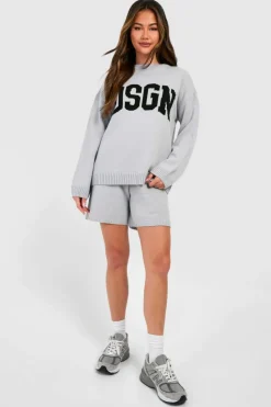 Knitted Co-Ords|Shorts*boohoo Dsgn Crew Neck Jumper And Shorts Knitted Set grey